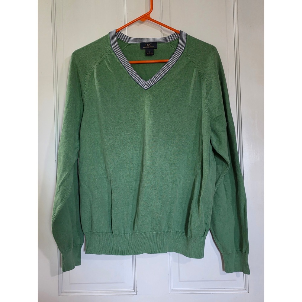 Brooks Brothers 346 Mens Green Cotton V-Neck Sweater Striped Trim Large